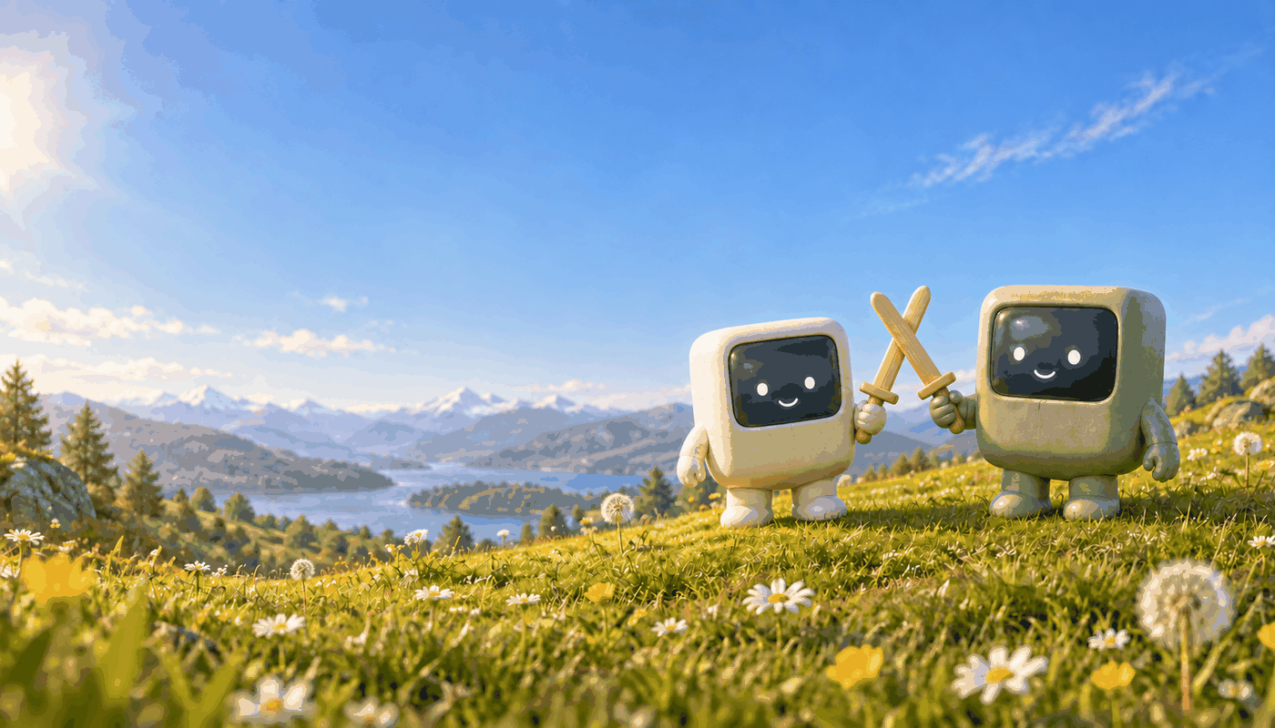 Two friendly computers dueling with wooden swords on a flowered hill